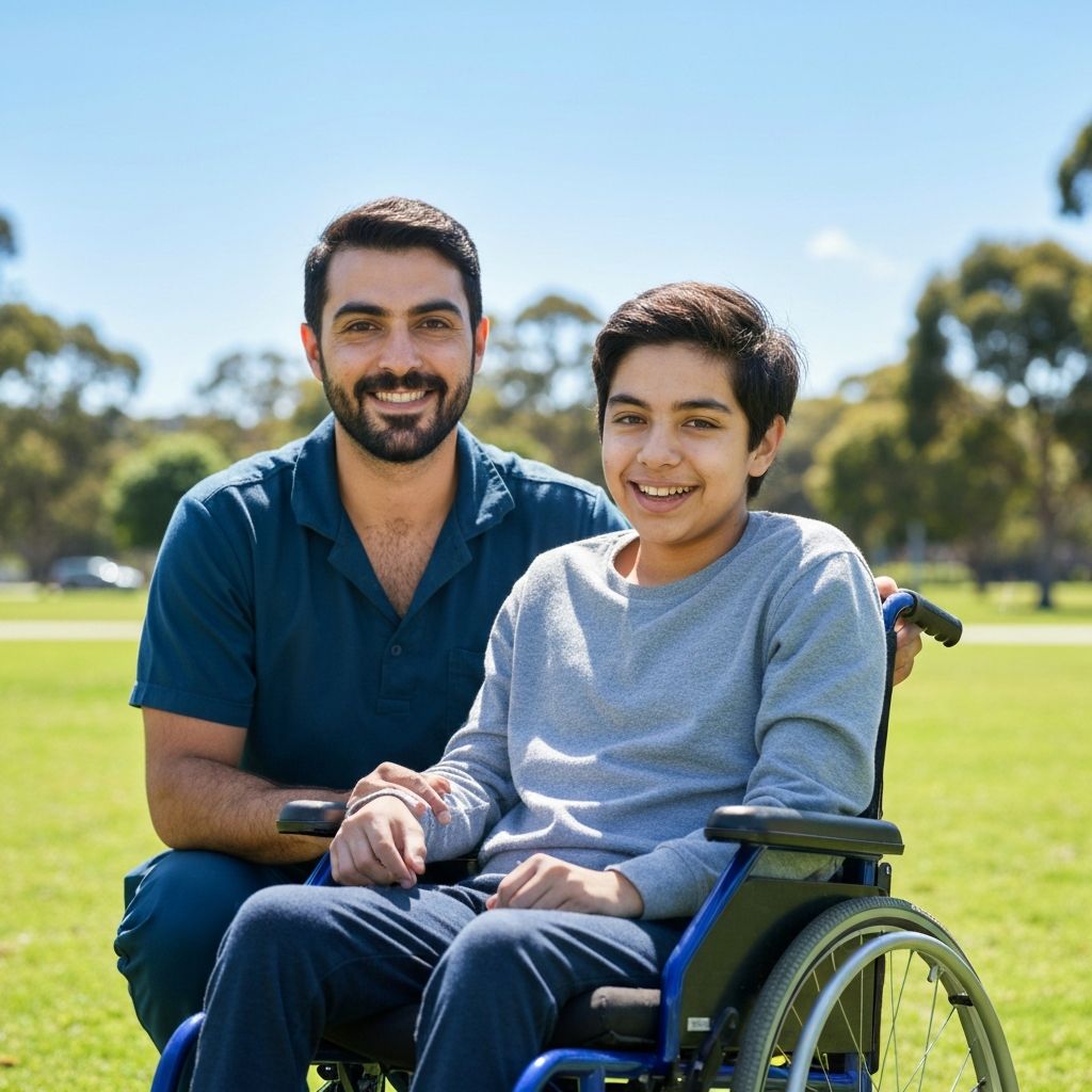 A friendly support worker helping a participant in a sunny park