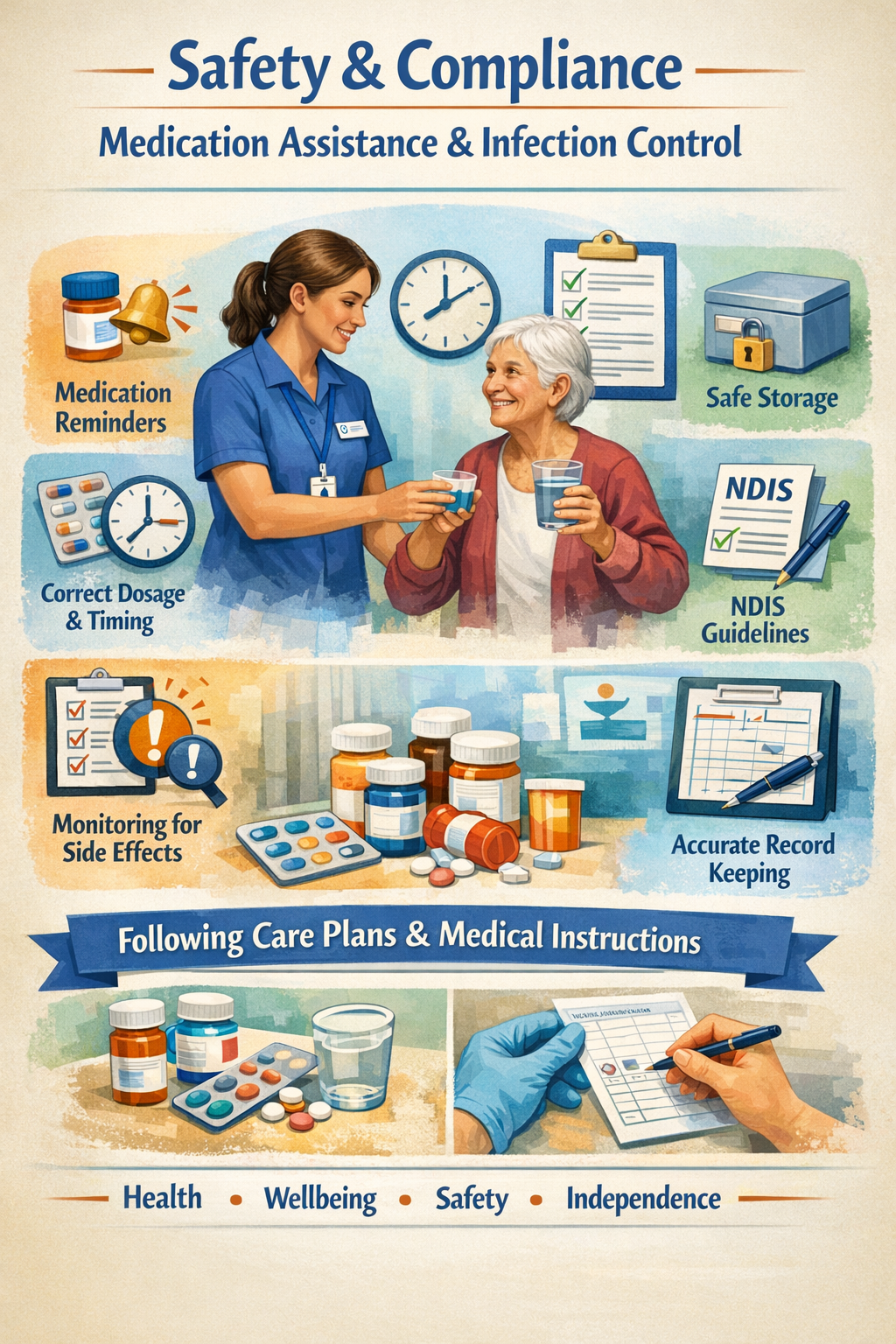 Safety and compliance infographic showing medication assistance and infection control procedures