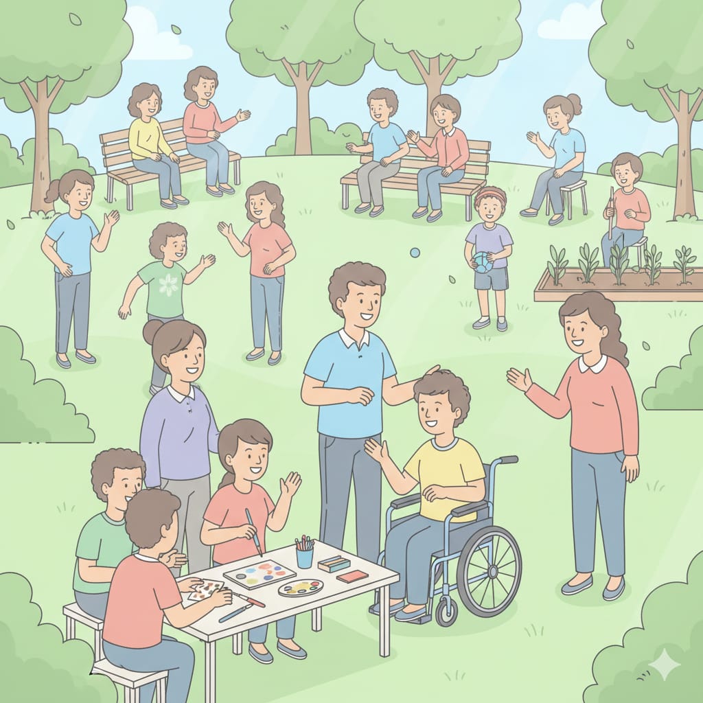 Community participation in parks with art, gardening, and social activities