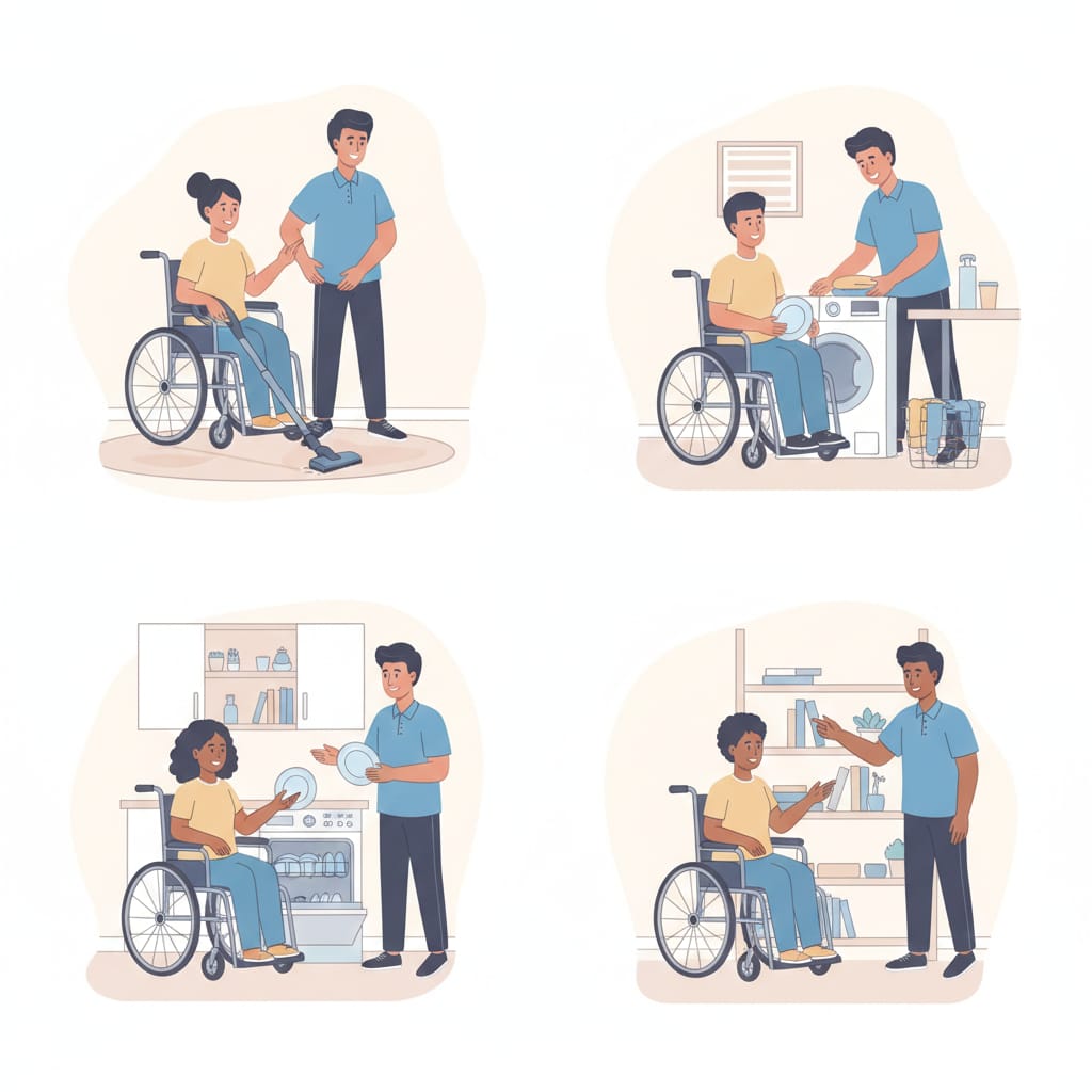 Household tasks support including vacuuming, laundry, and dishwashing