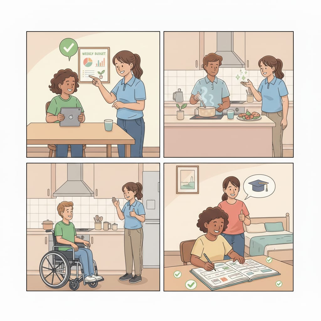 Development of life skills including budgeting, cooking, and study planning