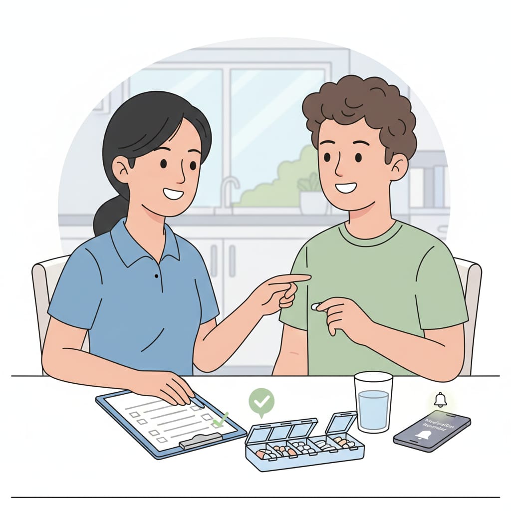 Support worker helping participant with day-to-day medication management